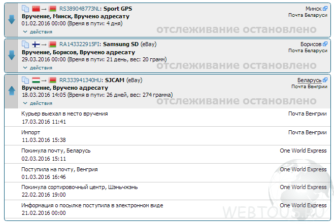 список отслеживаемых почтовых отправлений