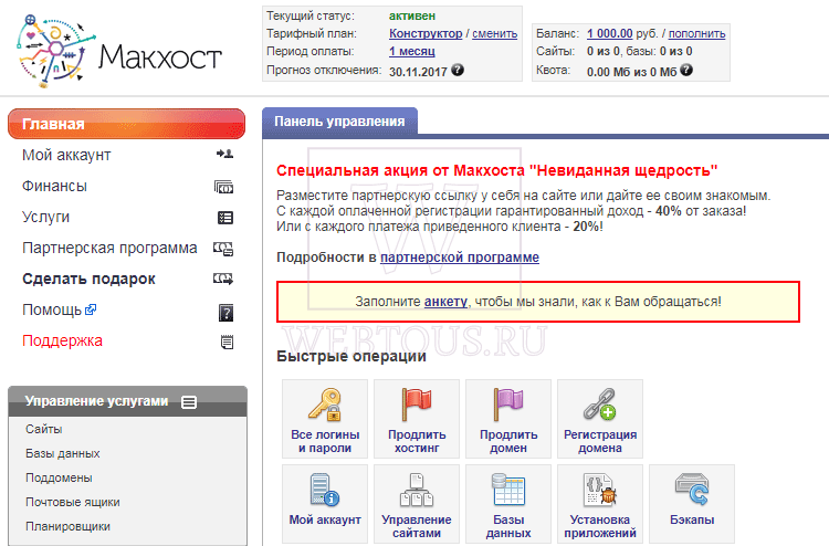 как выглядит панель управления хостингом