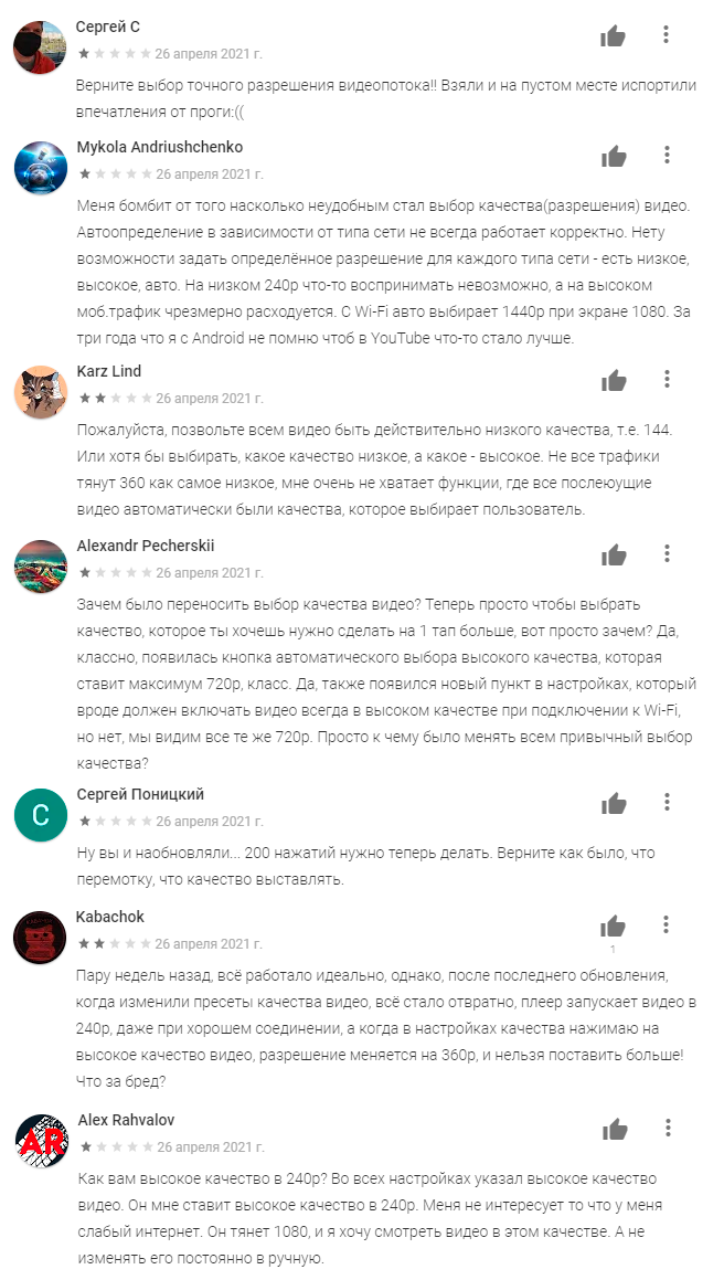 отзывы пользователей о свежей версии приложения Ютуб