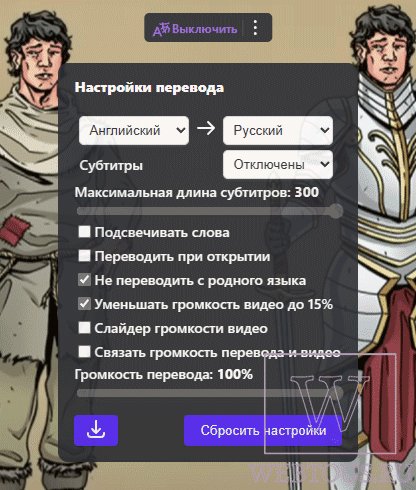 опции переводчика видео