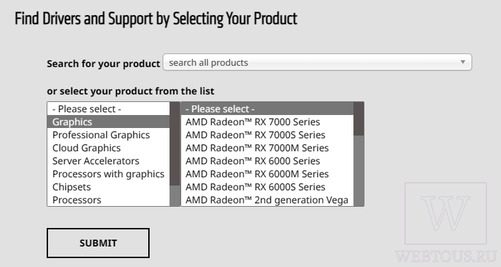 загрузка драйвера с сайта AMD